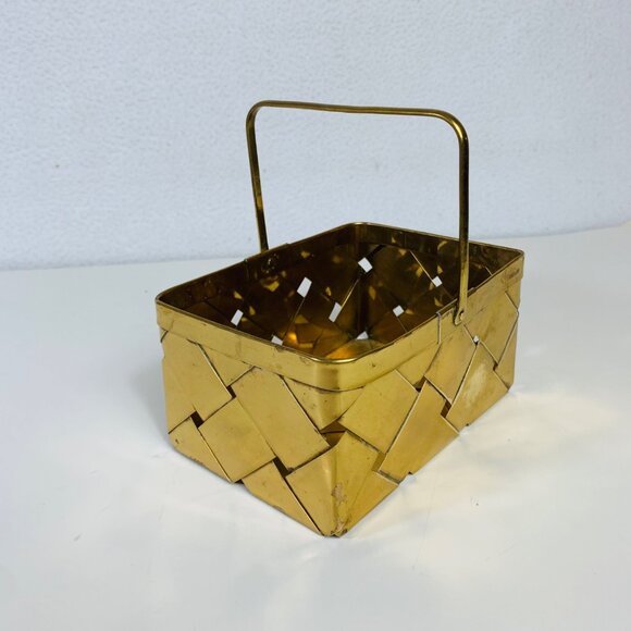 Brass Basket Woven Handle Boho Style Trinket Dish Rectangle Catchall Eclectic - Picture 13 of 14